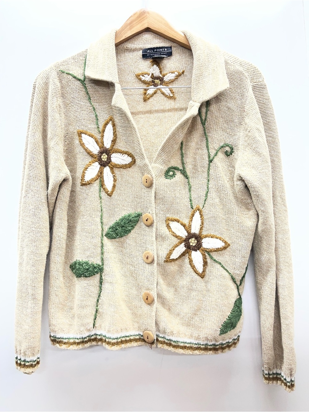 All Points Floral Embroidered Knit Cardigan with Wooden‎ Buttons Vintage